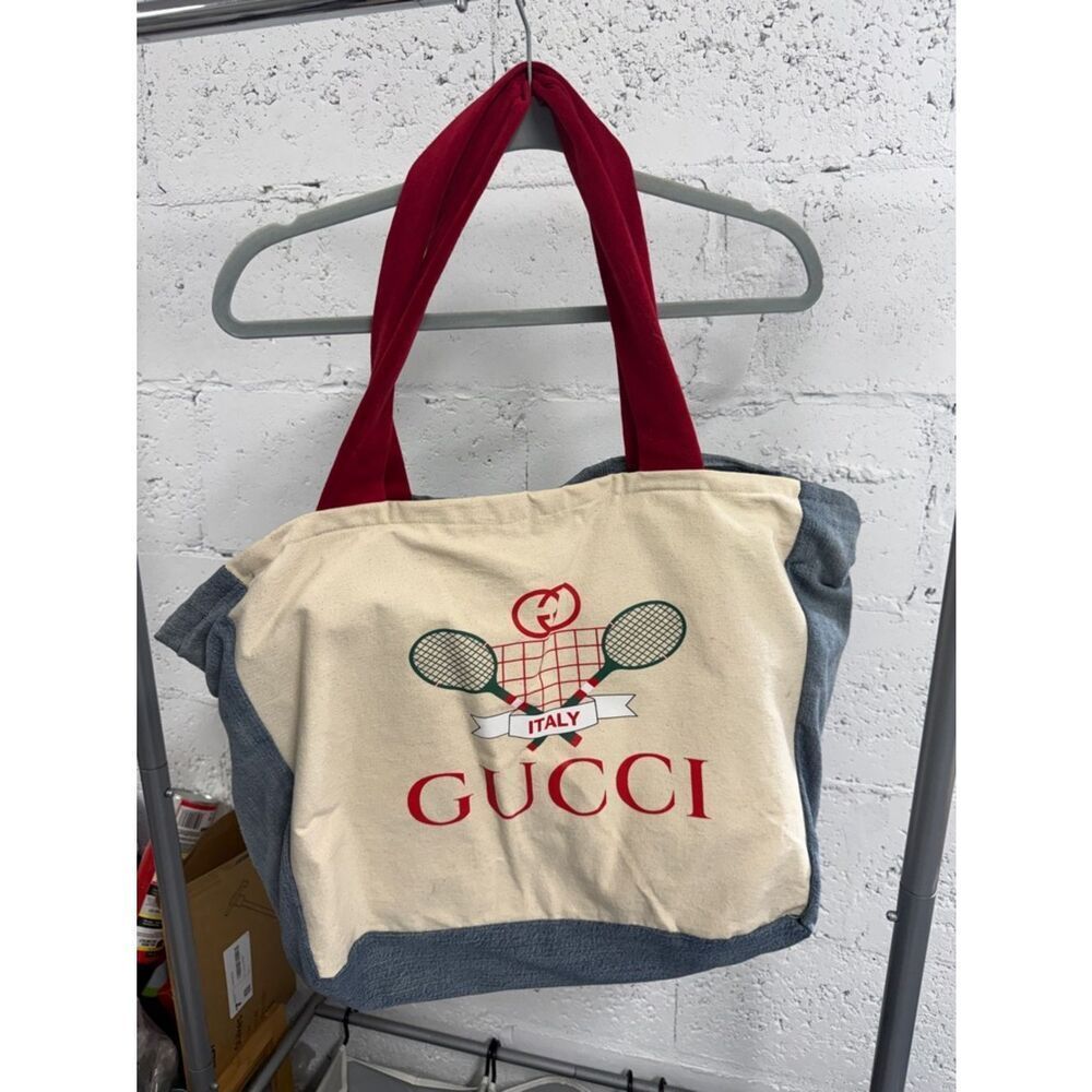 Gucci Upcycled Canvas Tote Red Straps Green Tennis Graphic - Denim Pockets